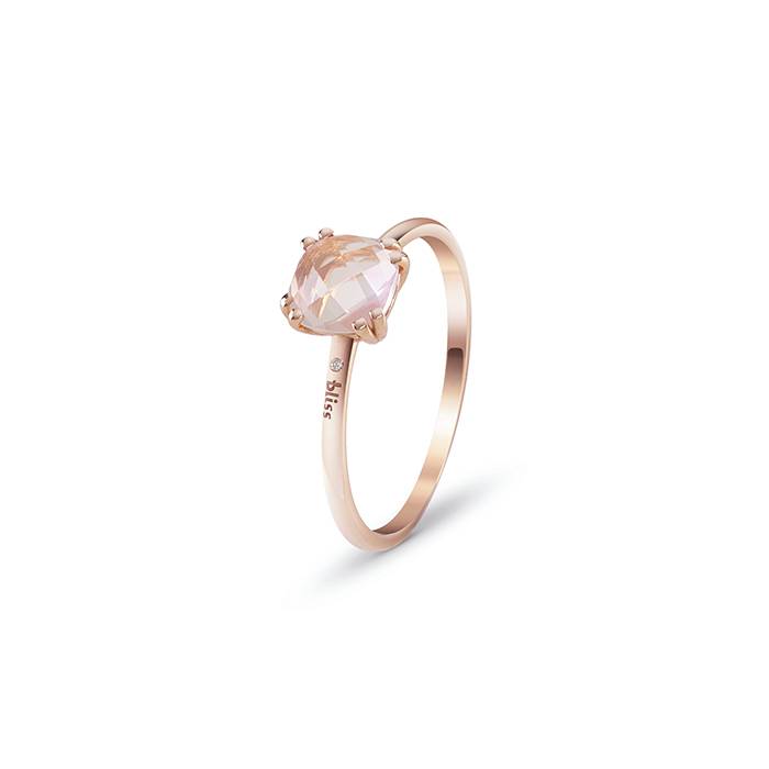 Anello in oro rosa 9kt con quarzo rosa piccolo e diamante semiprezioso rotondo, ct. 0,003, colore GH.