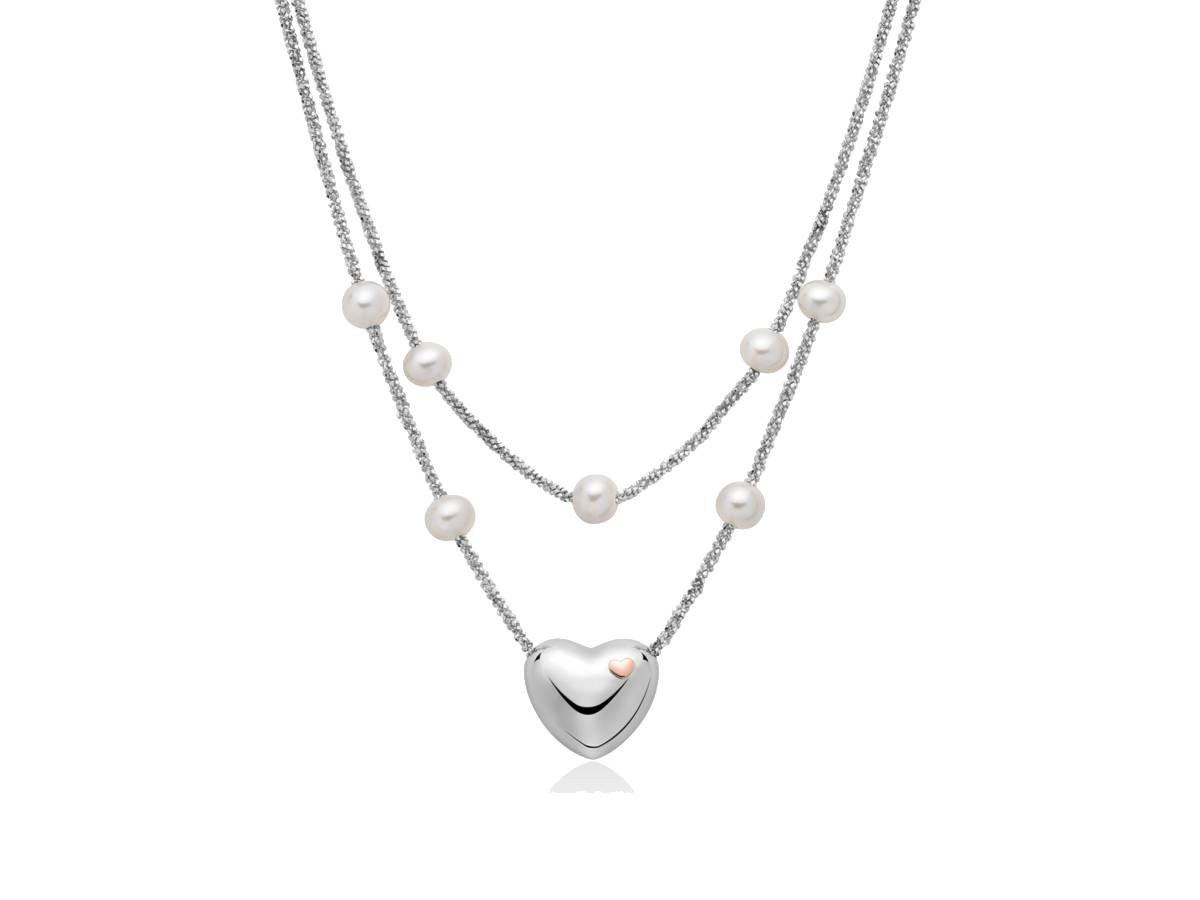 COLLANA A DUE GIRI IN ARGENTO 925/1000 CON 7 PERLE VERE BIANCHE MM 7/7,5 E CUORE PENDENTE CON ELEMENTO IN ORO 375/1000