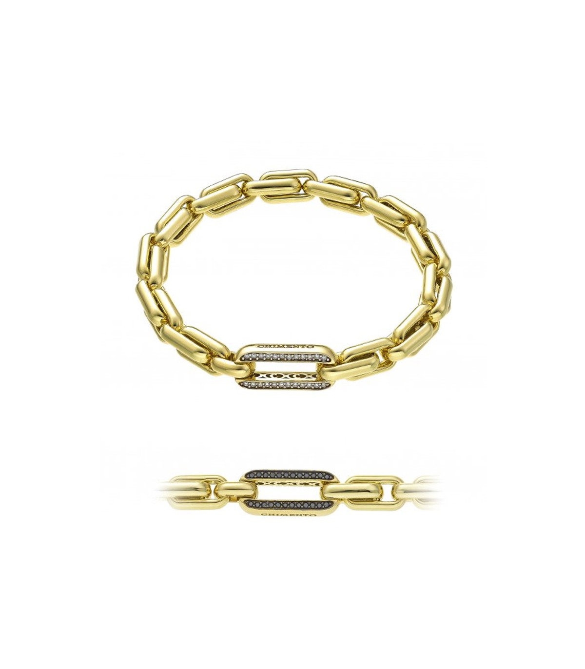 Bracciale con maglie in oro giallo 18 kt ed elemento centrale impreziosito da diamanti bianchi da 0,14 carati totali e diamanti neri da 0,17 carati totali.