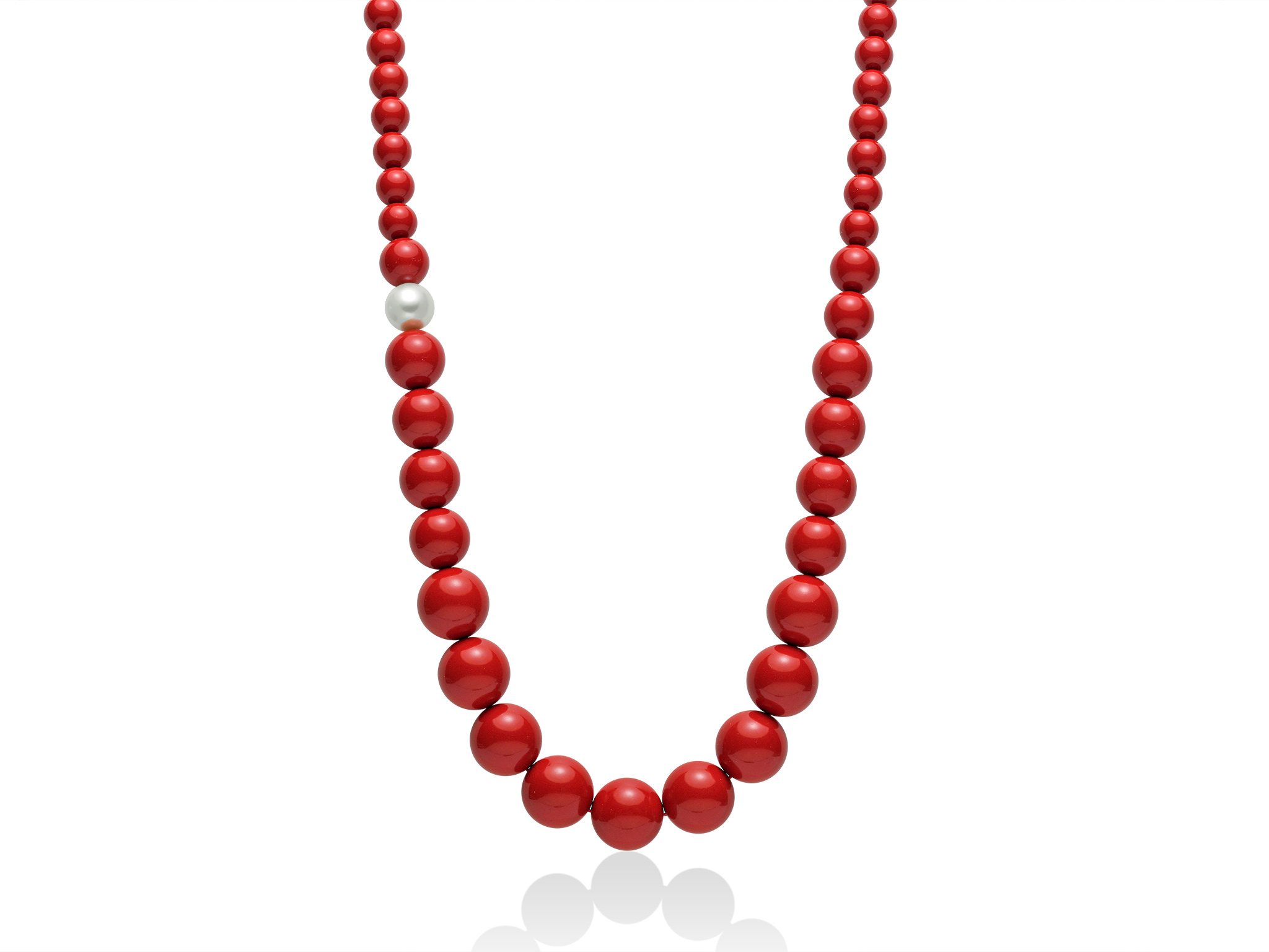 COLLANA IN ARGENTO 925/1000 CON CORALLO ROSSO DIVERSE MISURE (8-14) E UNA PERLA BIANCA VERA MISURA 9,5/10