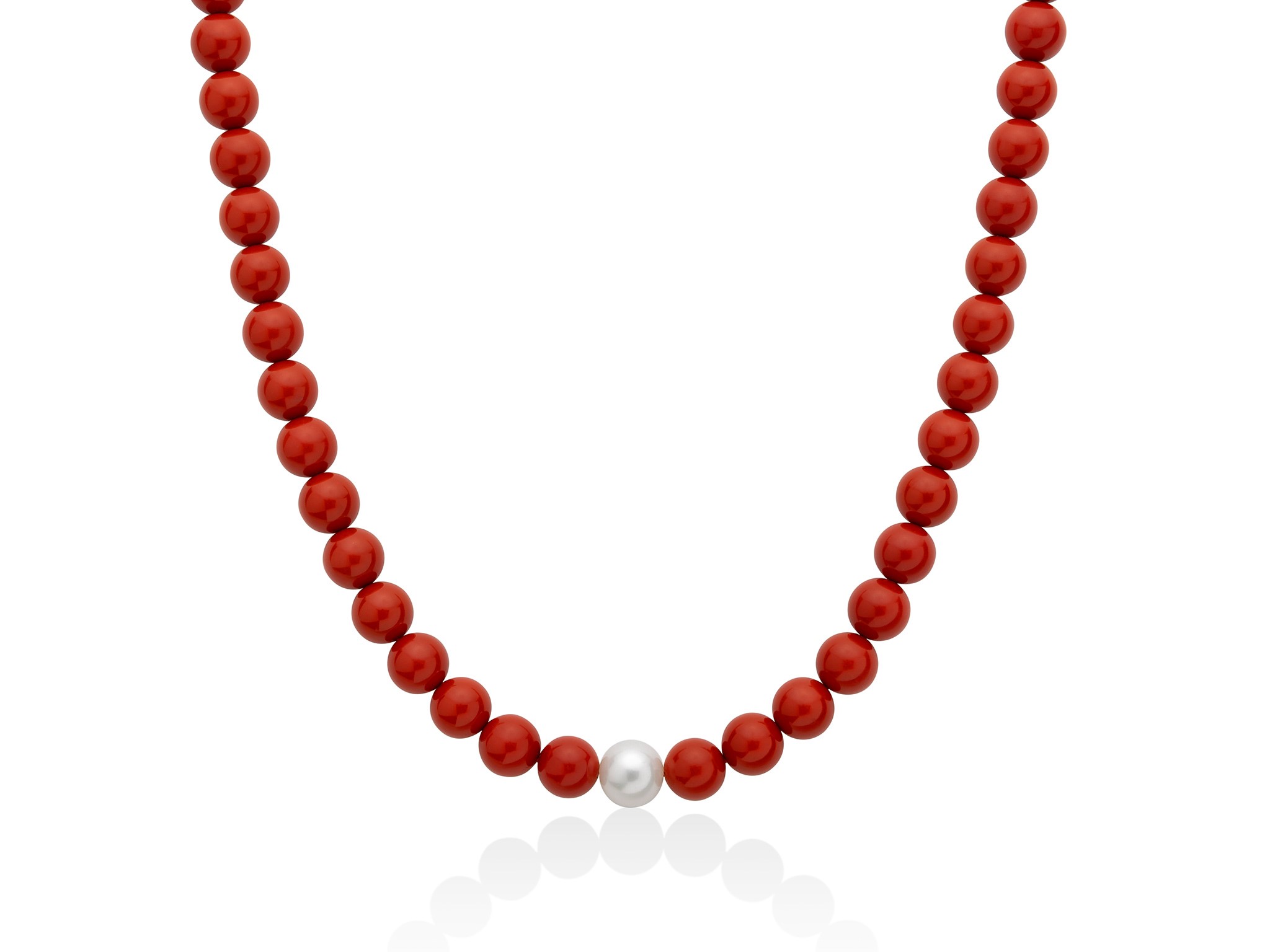 COLLANA MILUNA IN PASTA CORALLO ROSSO CON 1 PERLA BAROCCA BIANCA VERA 8,5/9 MM, CHIUSURA IN ARGENTO